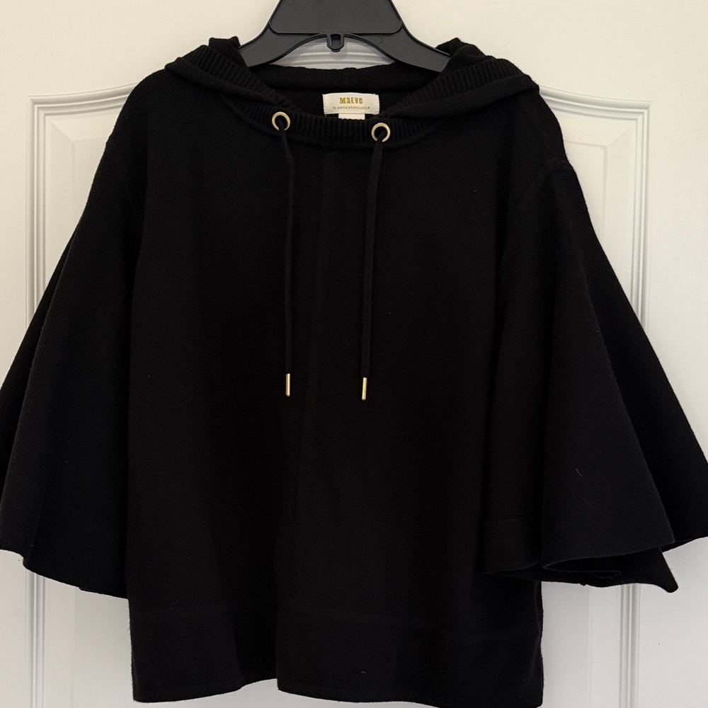 Maeve Black Hooded Cape Sweatshirt with Gold-Tone Details